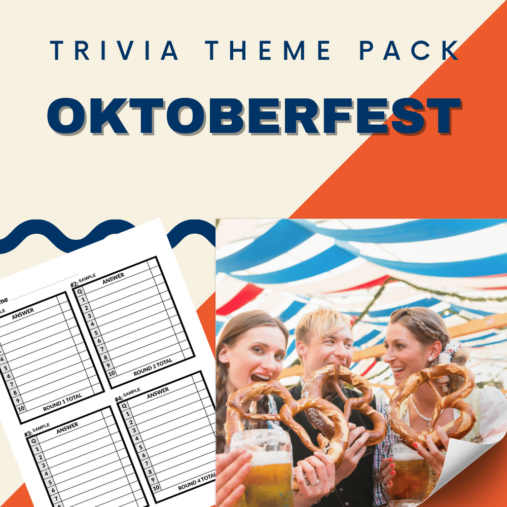 Experience the thrill of our Oktoberfest Trivia Night Theme Pack by Cheap Trivia, where Munich's excitement comes alive. Enjoy "OKTOBERFEST" trivia sheets and scenes of friends savoring beers and pretzels under a festive tent. Join the ultimate beer festival celebration!.