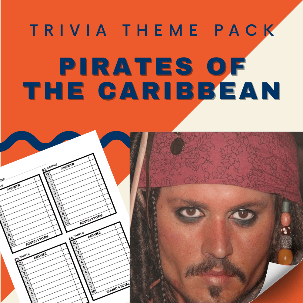 Disney Trivia Night Bundle by Cheap Trivia featuring a Pirates of the Caribbean theme pack with character images and blank answer sheets.