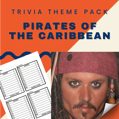 Disney Trivia Night Bundle by Cheap Trivia featuring a Pirates of the Caribbean theme pack with character images and blank answer sheets.