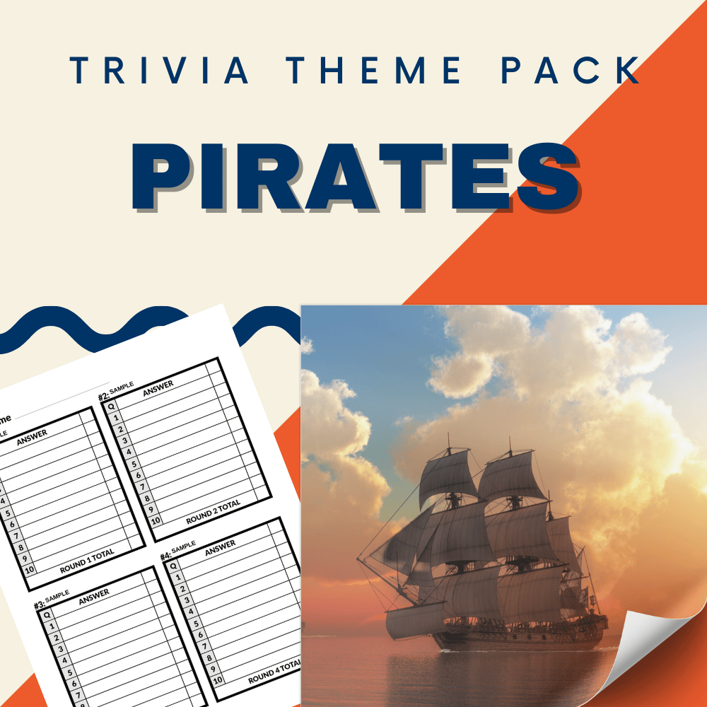 Promotional image for the Cheap Trivia's Pirate Trivia Night Theme Pack, showcasing trivia answer sheets and a majestic sailing ship under a cloudy sky.