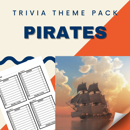 Promotional image for the Cheap Trivia's Pirate Trivia Night Theme Pack, showcasing trivia answer sheets and a majestic sailing ship under a cloudy sky.