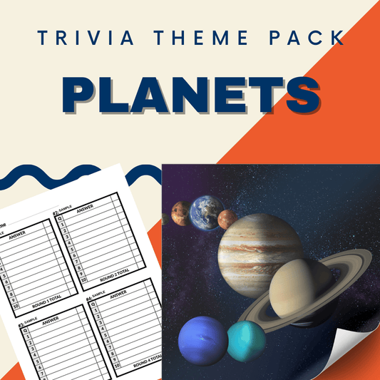 The Planets Trivia Night Theme Pack by Cheap Trivia features a captivating Solar System illustration on the cover with blank trivia answer sheets, perfect for Astronomy Enthusiasts eager to test their planetary knowledge.