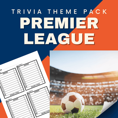 The Sports Trivia Night Bundle by Cheap Trivia includes a themed pack cover with a Premier League title, a trivia answer sheet, and a soccer ball in a stadium.