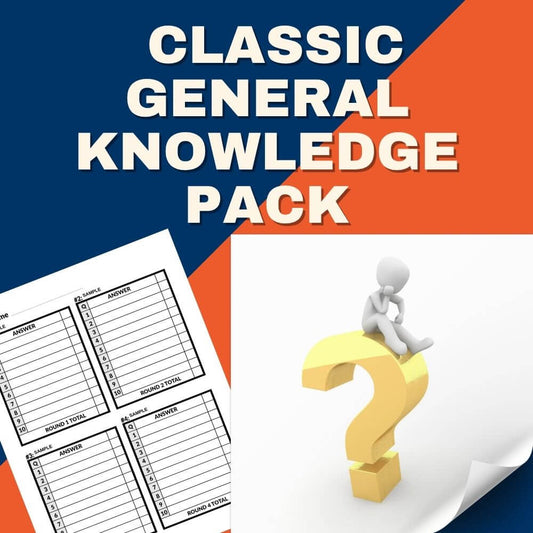 The Cheap Trivia Pub Quiz Night: Classic General Knowledge Pack features quiz answer sheets and a 3D figure sitting on a yellow question mark—ideal for anyone seeking pub quiz questions or a general knowledge quiz to add excitement to any event.