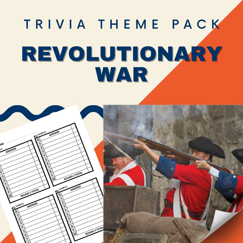 The "Revolutionary War Trivia Night Theme Pack" by Cheap Trivia features an image with the text "Revolutionary War trivia," a worksheet, and historical reenactors in red uniforms firing muskets.