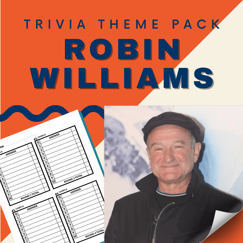 Join us for trivia night with the Cheap Trivia Robin Williams Theme Pack! Test your knowledge on his iconic films and enjoy a night filled with laughter, fun, and memorable moments inspired by the legendary comedian.