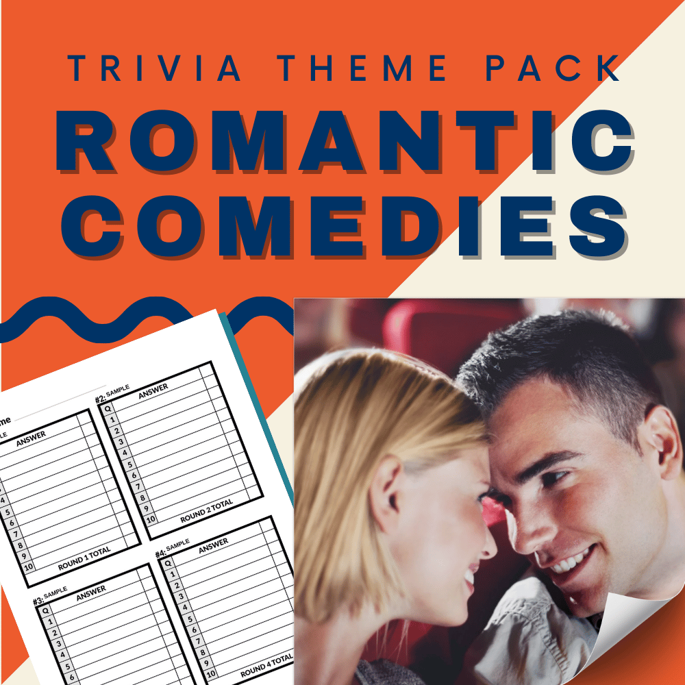 Image featuring the "Romantic Comedies Trivia Night Theme Pack" by Cheap Trivia, showing a smiling couple and a sheet of Rom-Com trivia questions.