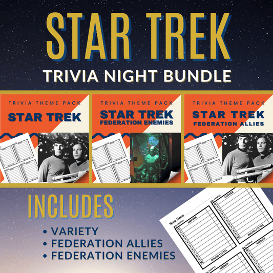 The Star Trek Trivia Night Bundle by Cheap Trivia features theme packs on Federation Allies and Enemies, complete with trivia sheets set against a starry background.