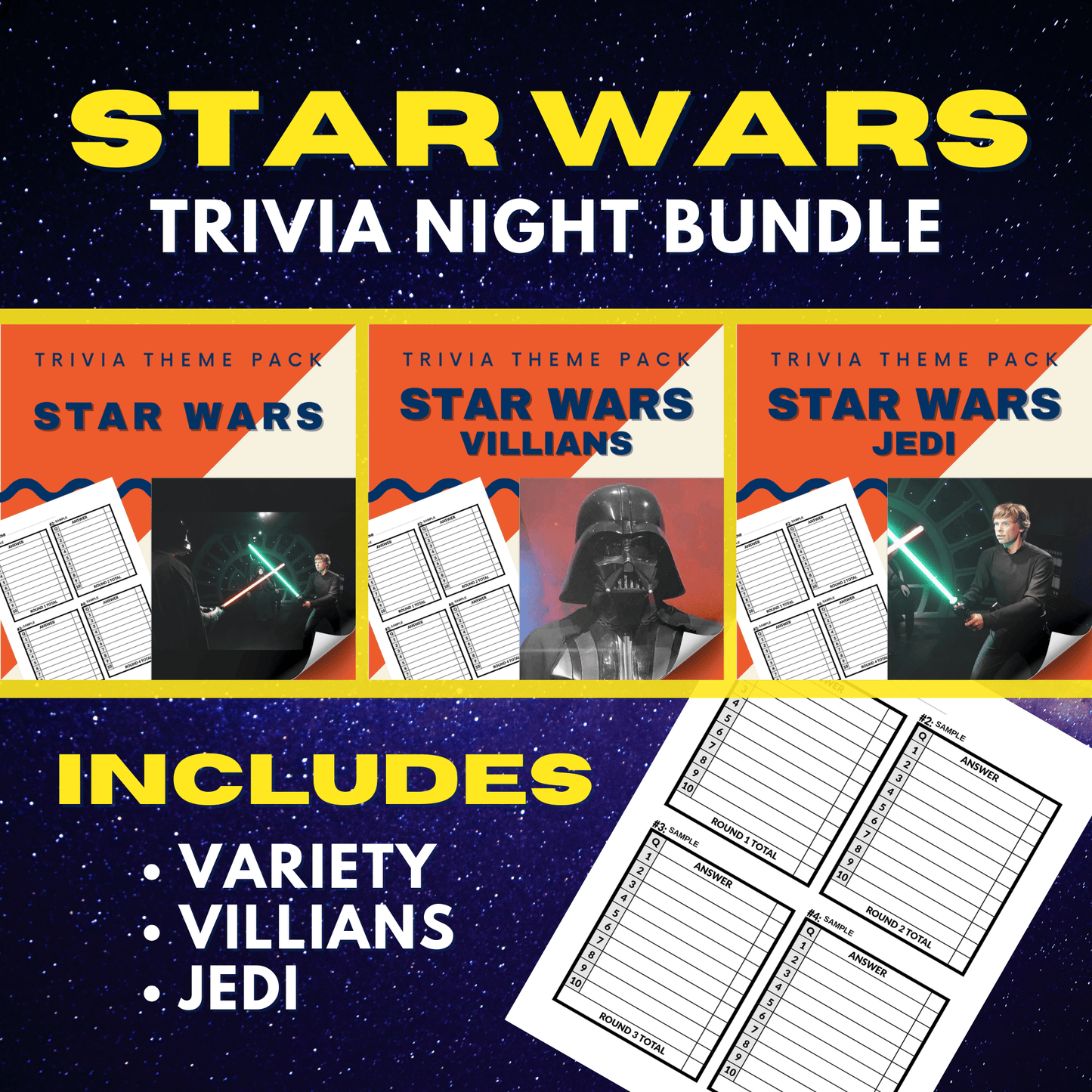 Join an exciting Star Wars Trivia Night with Cheap Trivia's exclusive Star Wars Trivia Night Bundle. It includes Variety, Villains, and Jedi packs, character images, and a list format on a starry backdrop—ideal for themed trivia nights!.