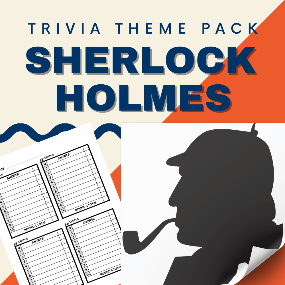 Sherlock Holmes Trivia Night Theme Pack from Cheap Trivia features a cover with Holmes's silhouette smoking a pipe, highlighting detective skills inspired by Arthur Conan Doyle, plus trivia answer sheets.