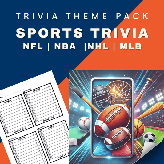 The Sports Trivia #1 Theme Pack cover from Cheap Trivia showcases sports equipment icons, including a football, basketball, and soccer ball, along with answer sheets. Perfect for sports enthusiasts ready to challenge their knowledge of NFL, NBA, NHL, and MLB.