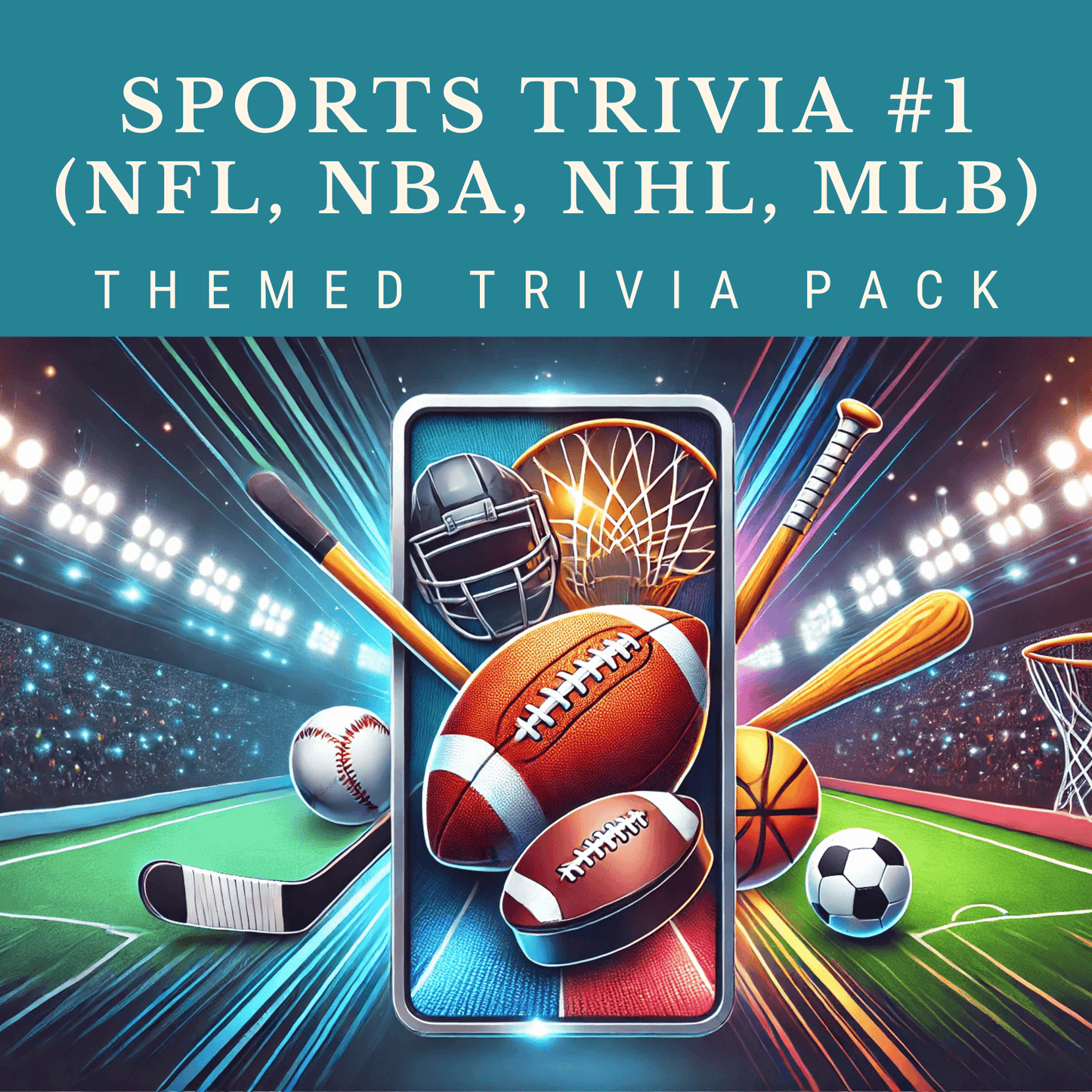 The Sports Trivia #1 Theme Pack by Cheap Trivia features a phone surrounded by NFL, NBA, NHL, and MLB sports items—football, baseball, basketball, and hockey gear—all set against a lively stadium backdrop.