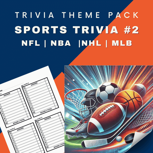 Image of Cheap Trivia's Sports Trivia #2 (NFL, NBA, NHL, MLB) Theme Pack featuring blank trivia sheets and sports equipment illustration—ideal for a thrilling sports trivia night.