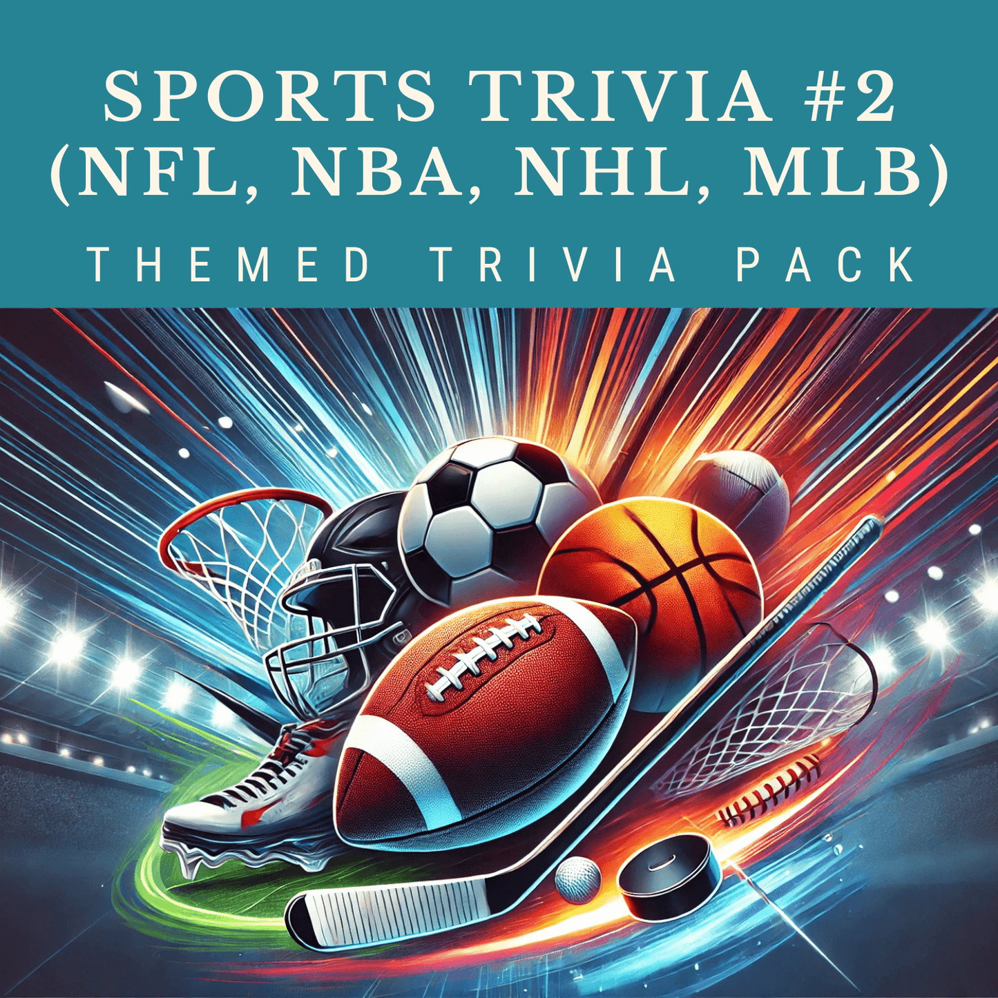 A dynamic image displays NFL, NBA, NHL, and MLB sports gear—balls, a hockey stick, and a helmet—with "Sports Trivia #2" text. This themed trivia pack by Cheap Trivia is perfect for fans eager to test their NFL knowledge.