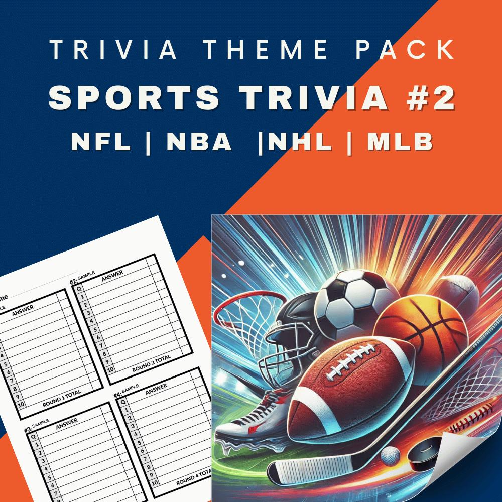 Cheap Trivia's Sports Trivia Night Bundle image showcases a football, basketball, and other sports gear with a trivia answer sheet. It includes content on the NFL, NBA, NHL, and MLB.