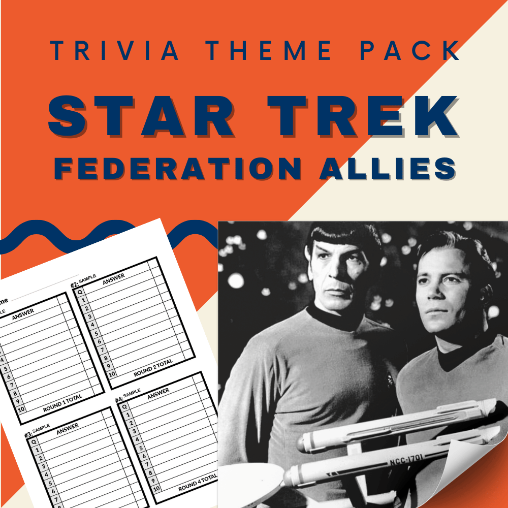 Introducing the Star Trek (Federation Allies) Trivia Night Theme Pack by Cheap Trivia, featuring a bold black and white image of two characters and trivia answer sheets—ideal for all Starfleet enthusiasts!.