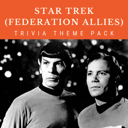 Black and white image of two Star Trek characters with the text: "Trivia Night - Star Trek (Federation Allies) Trivia Night Theme Pack by Cheap Trivia.