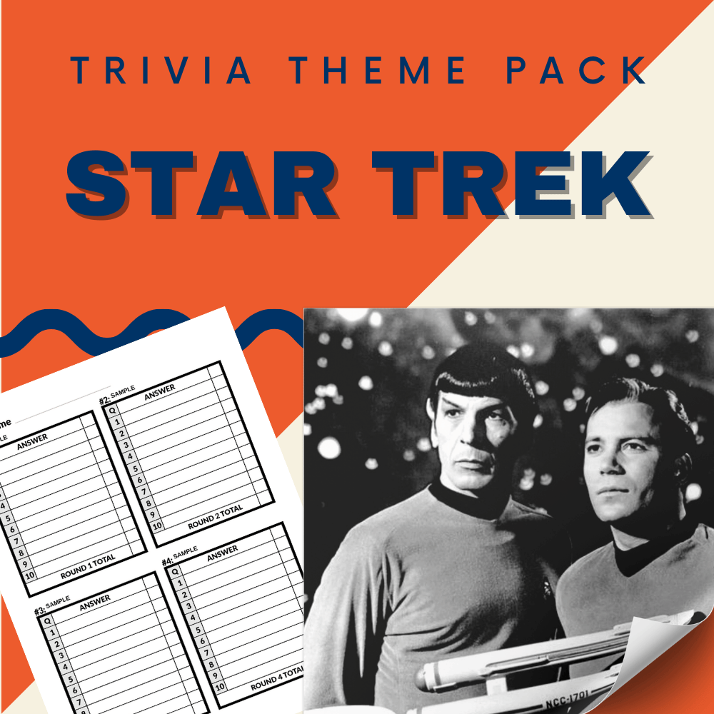 Star Trek Trivia Night Bundle cover features a black-and-white image of two characters and comes with blank trivia sheets, by Cheap Trivia.