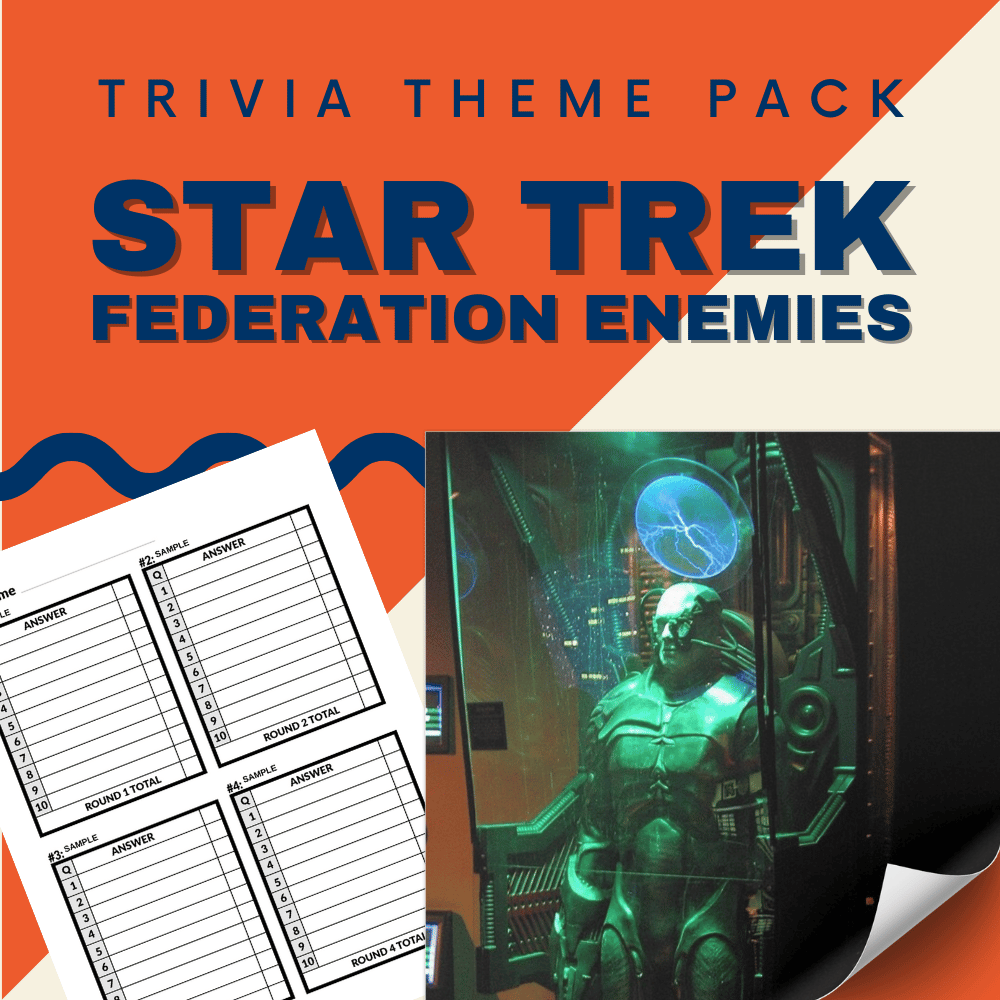 Explore the galaxy with Cheap Trivia's "Star Trek (Federation Enemies) Trivia Night Theme Pack," featuring engaging quiz sheets and an alien figure—ideal for fans ready to challenge their knowledge of intergalactic foes!.