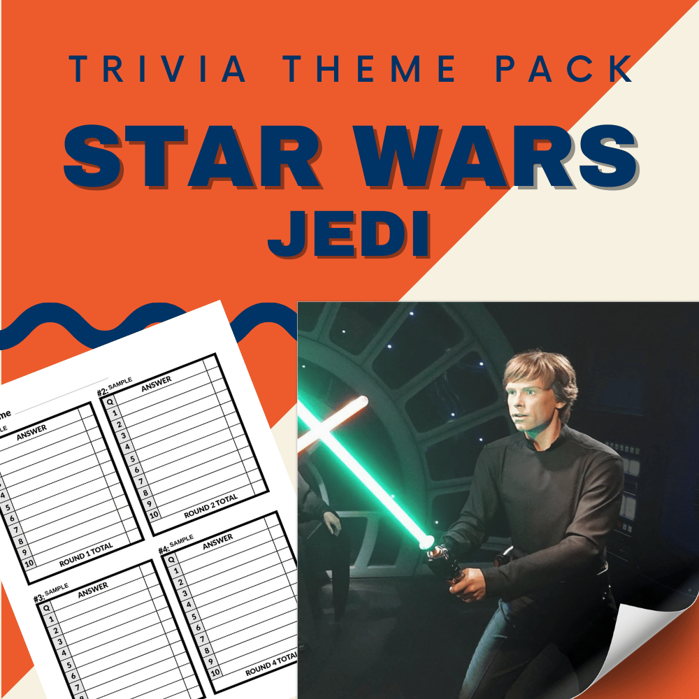 Prepare for an exciting trivia night with the Cheap Trivia Star Wars Trivia Night Bundle. This pack includes a lightsaber-wielding character and trivia answer sheets, perfect for fans eager to showcase their galaxy knowledge at themed events!.