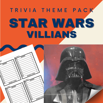 The cover of the Star Wars Trivia Night Bundle by Cheap Trivia features a "Star Wars Villains" title with a striking image of a character in black armor. Ideal for trivia nights, it includes detailed trivia sheets to challenge and entertain fans at every level.