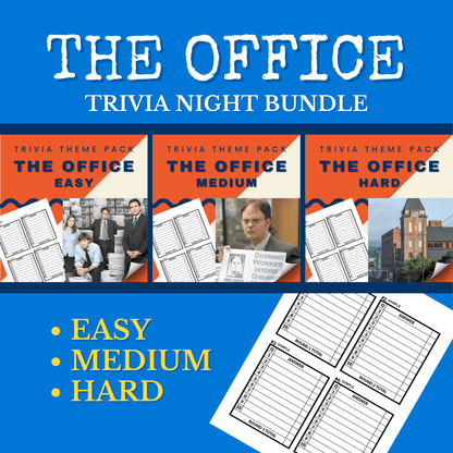 The image showcases the Cheap Trivia "The Office Trivia Night Bundle" featuring Easy, Medium, and Hard difficulty levels, each illustrated with images and text.