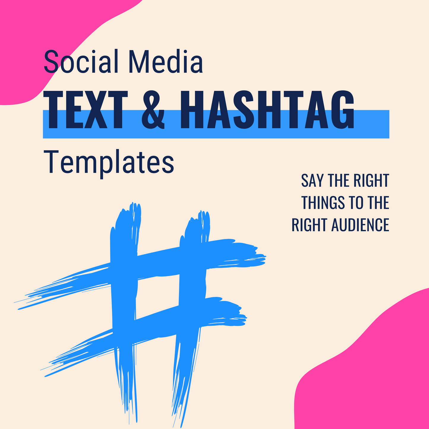 Image with bold text "Ultimate Trivia Marketing Bundle: Marketing Materials & Books" by Cheap Trivia, a large blue hashtag graphic, and the phrase "Say the right things to the right audience"—ideal marketing tools for promoting trivia events. Beige background with pink accents.
