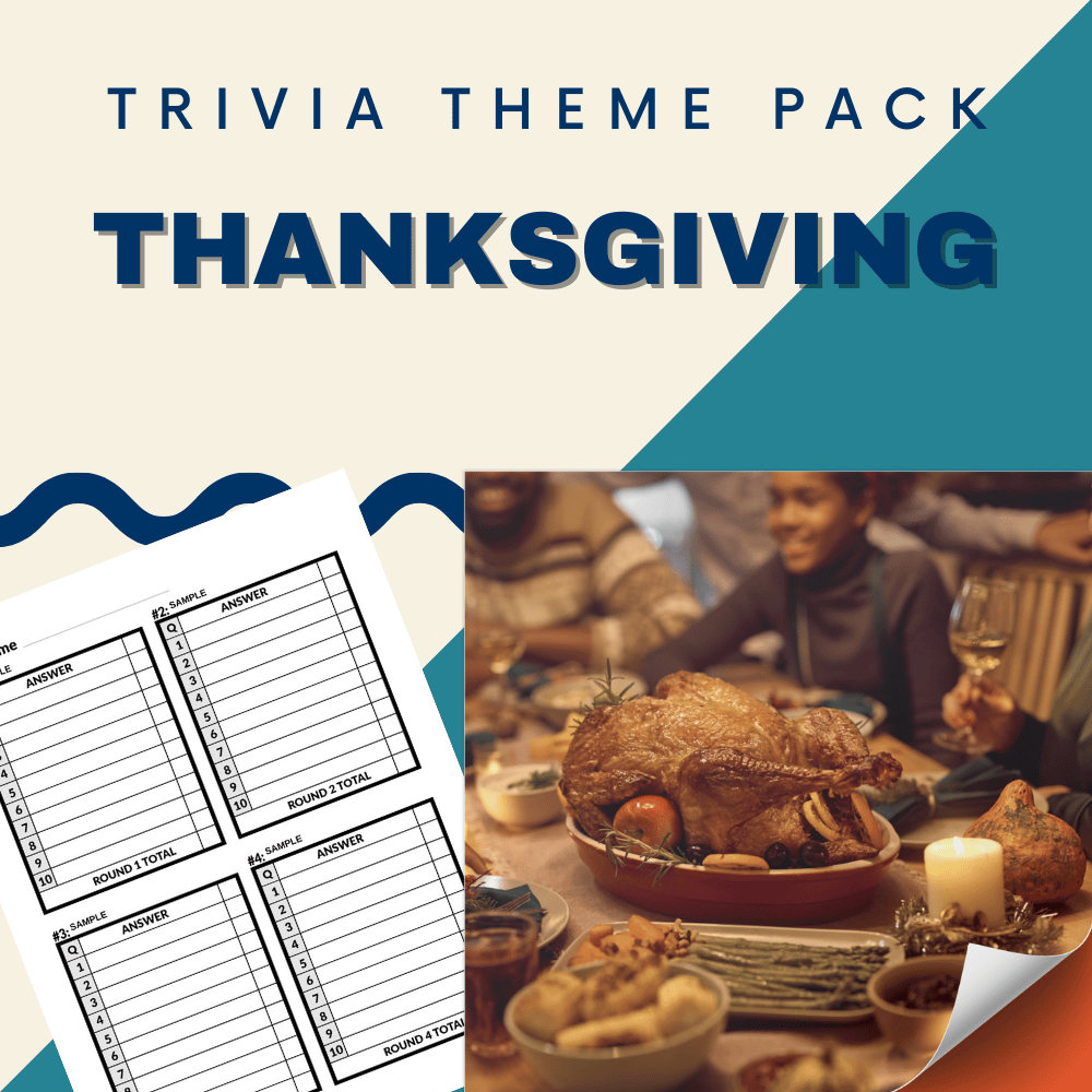 The "Thanksgiving Trivia Night Theme Pack" by Cheap Trivia includes a festive holiday meal table setup and ready-to-use answer sheets for an engaging Thanksgiving quiz.