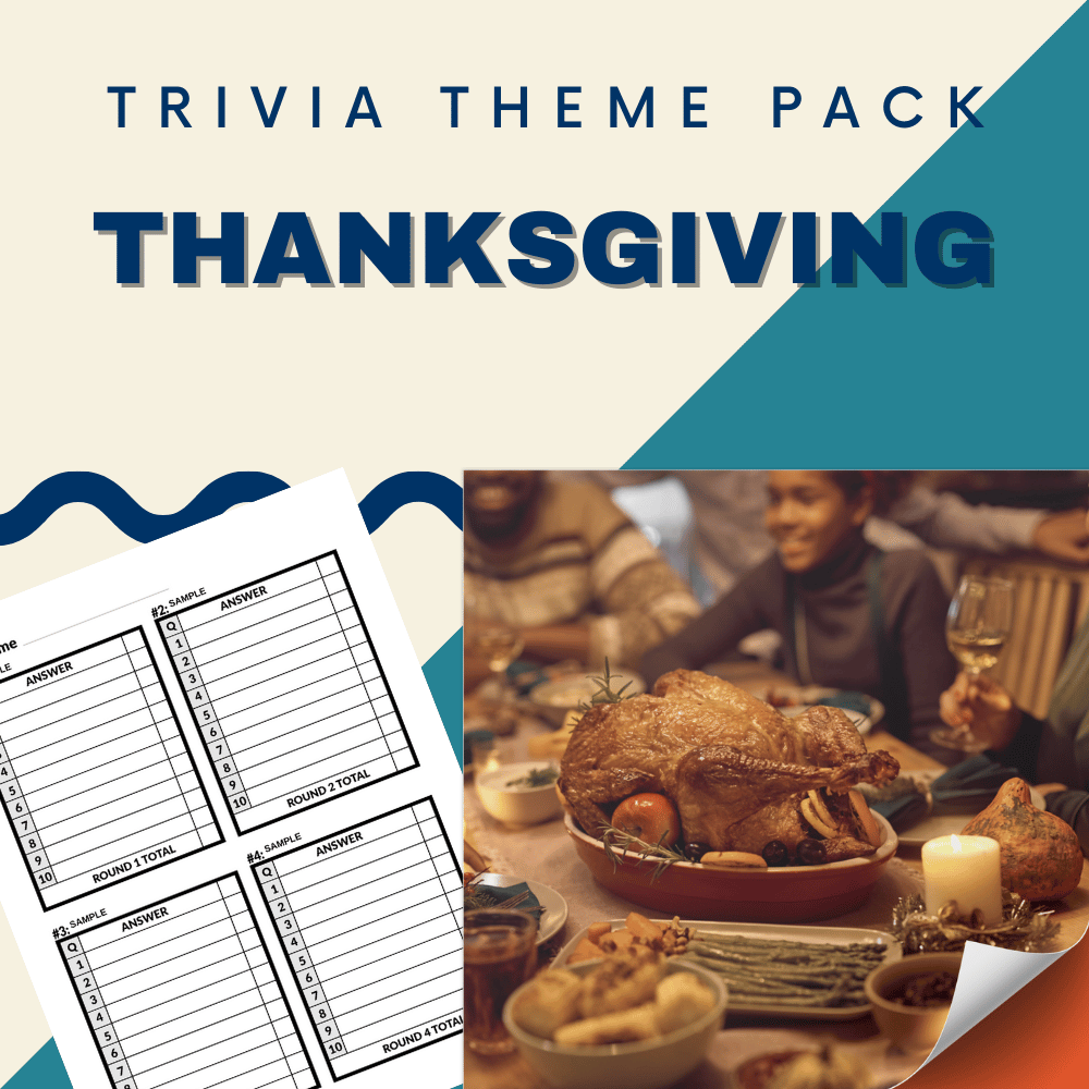 Image of the Fall & Winter Holiday Trivia Night Bundle by Cheap Trivia, featuring answer sheets and a photo of people enjoying a Thanksgiving meal with roasted turkey and dishes.