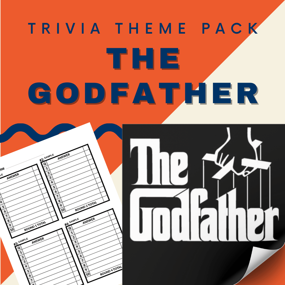 The Godfather Trivia Night Theme Pack by Cheap Trivia features a puppet hand image and engaging question sheets for an unforgettable cinematic evening.