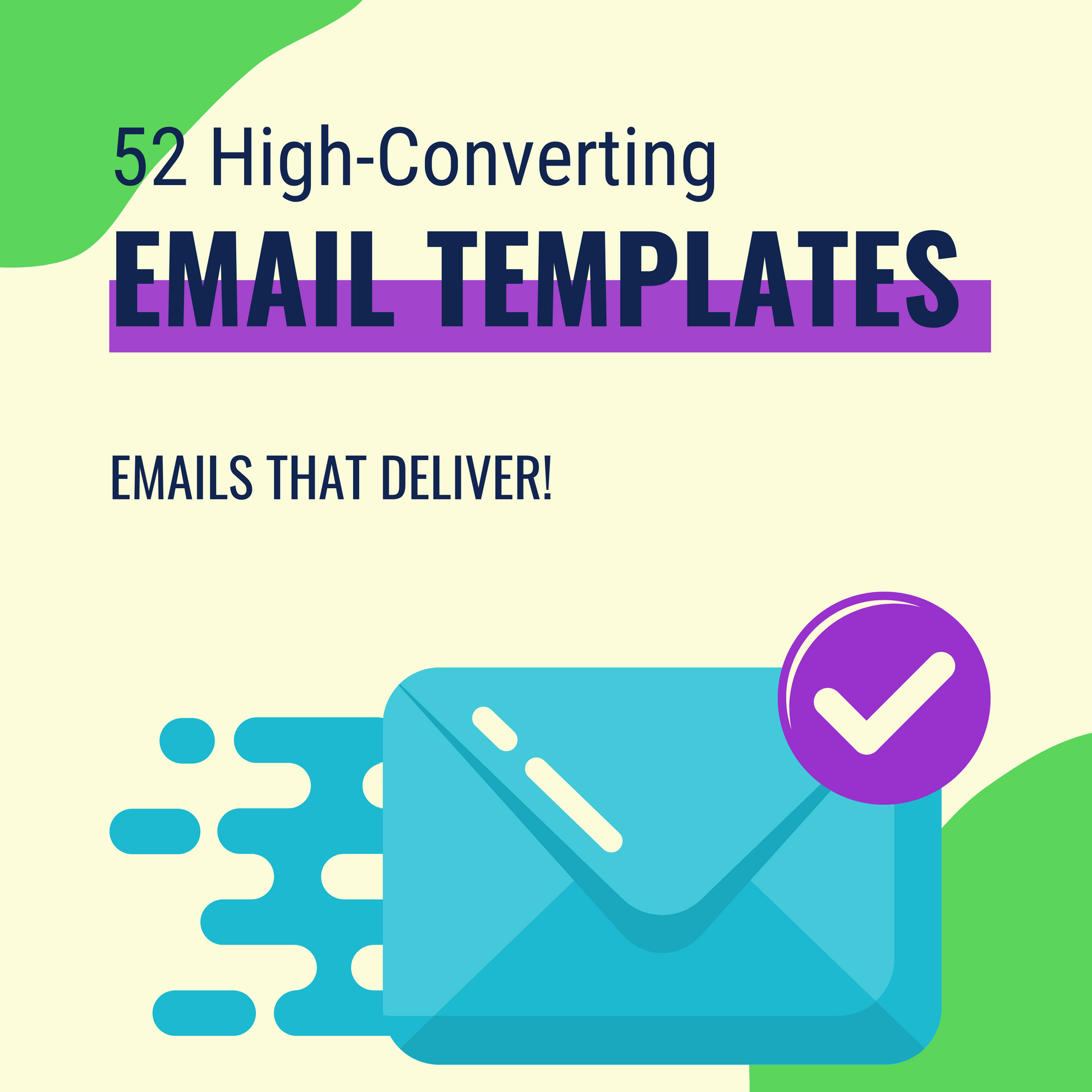 A graphic with “52 High-Converting Email Templates. Emails that deliver!” above a blue envelope and checkmark—ideal for promoting trivia events in the Ultimate Trivia Marketing Bundle: Marketing Materials & Books by Cheap Trivia.