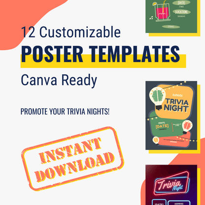 Promotional graphic for Ultimate Trivia Marketing Bundle: Marketing Materials & Books by Cheap Trivia, featuring 12 Canva-ready, customizable poster templates for trivia events with sample images and "Instant Download" stamp—perfect for game night marketing.