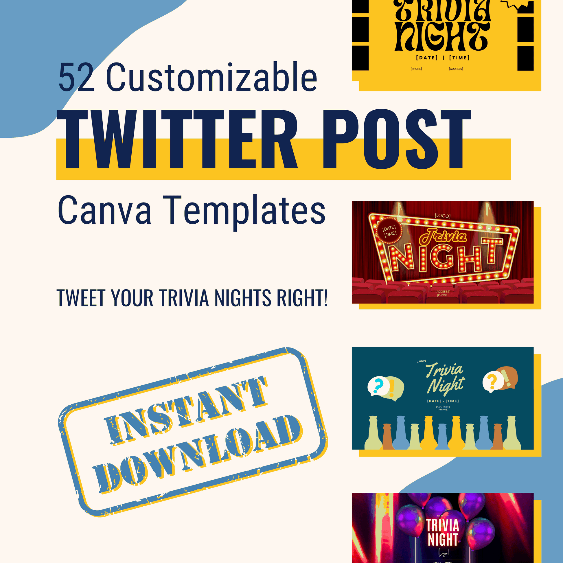 Promotional graphic for Cheap Trivia’s Ultimate Trivia Marketing Bundle: Marketing Materials & Books—includes 52 customizable Twitter post Canva templates for trivia events, instant download, and sample designs to boost engagement.