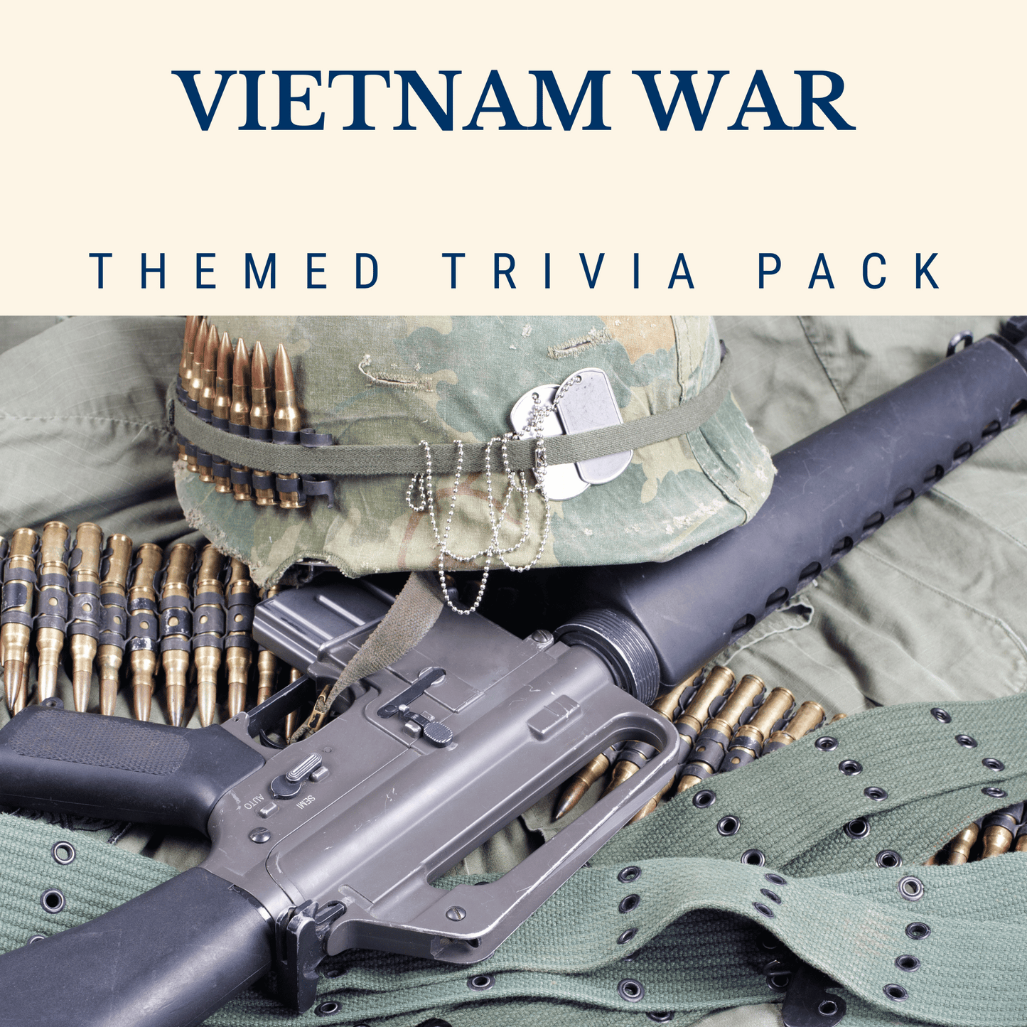 Discover the Vietnam War Trivia Night Theme Pack by Cheap Trivia, ideal for history buffs. It showcases iconic imagery like a rifle, helmet with dog tags, and bullet belts. Engage with intriguing trivia questions and challenge your knowledge of this significant era.