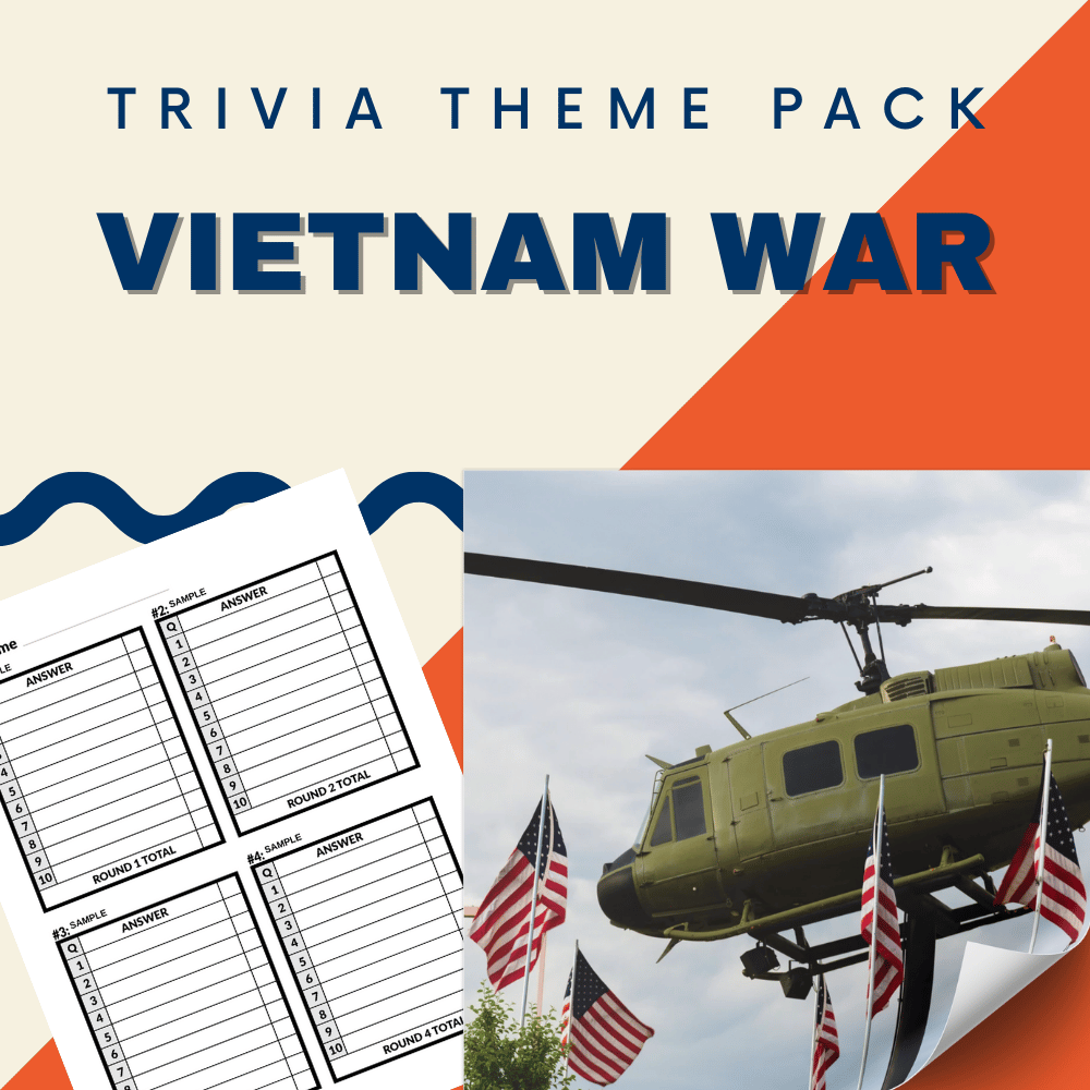 The Vietnam War Trivia Night Theme Pack by Cheap Trivia features a cover with a green helicopter, American flags, and trivia answer sheets, making it ideal for history enthusiasts at your next trivia night.