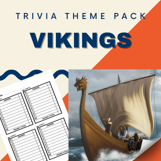 The Vikings Trivia Night Theme Pack by Cheap Trivia features a cover with "Vikings," a dragon-headed Viking ship, and blank trivia sheets. Dive into Viking history and Norse mythology with each engaging question.