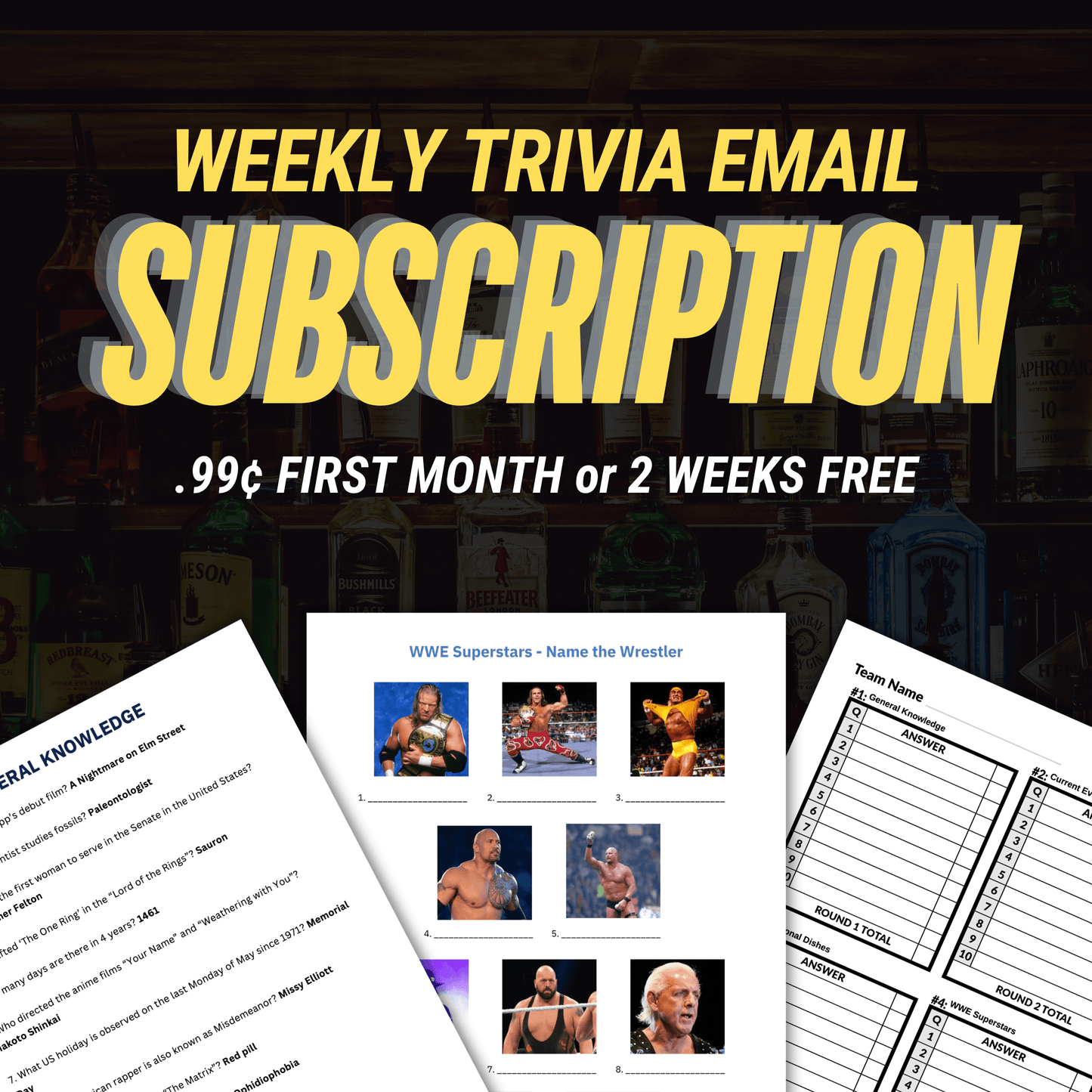 Cheap Trivia's Weekly Trivia Subscription Email Service—get your first month discounted or two weeks free, plus a testimonial. 