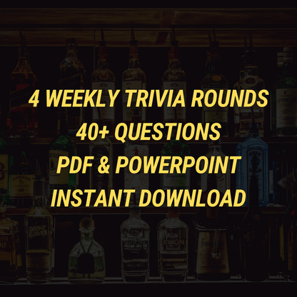 Yellow Roboto Condensed text over liquor bottles reads: "4 weekly trivia rounds, 40+ questions, PDF & PowerPoint, instant download." Cheap Trivia's Weekly Trivia Subscription Email Service wins glowing testimonials from happy hosts.