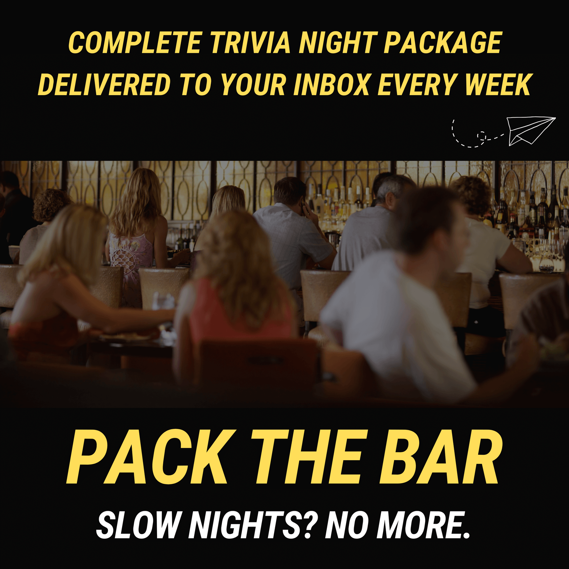 A lively bar scene with people at tables and the bar, overlaid in Roboto Condensed: "Boost your crowd with Cheap Trivia's Weekly Trivia Subscription Email Service!" "Our nights are packed—everyone loves it!" Get ready for next week's excitement!.