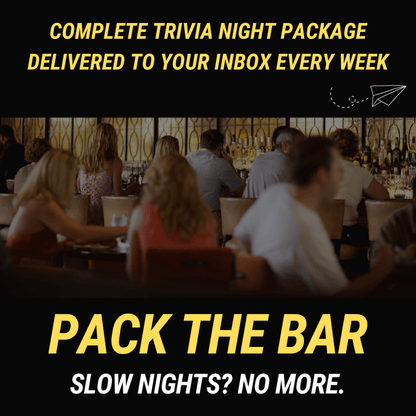 A lively bar scene with people at tables and the bar, overlaid in Roboto Condensed: "Boost your crowd with Cheap Trivia's Weekly Trivia Subscription Email Service!" "Our nights are packed—everyone loves it!" Get ready for next week's excitement!.