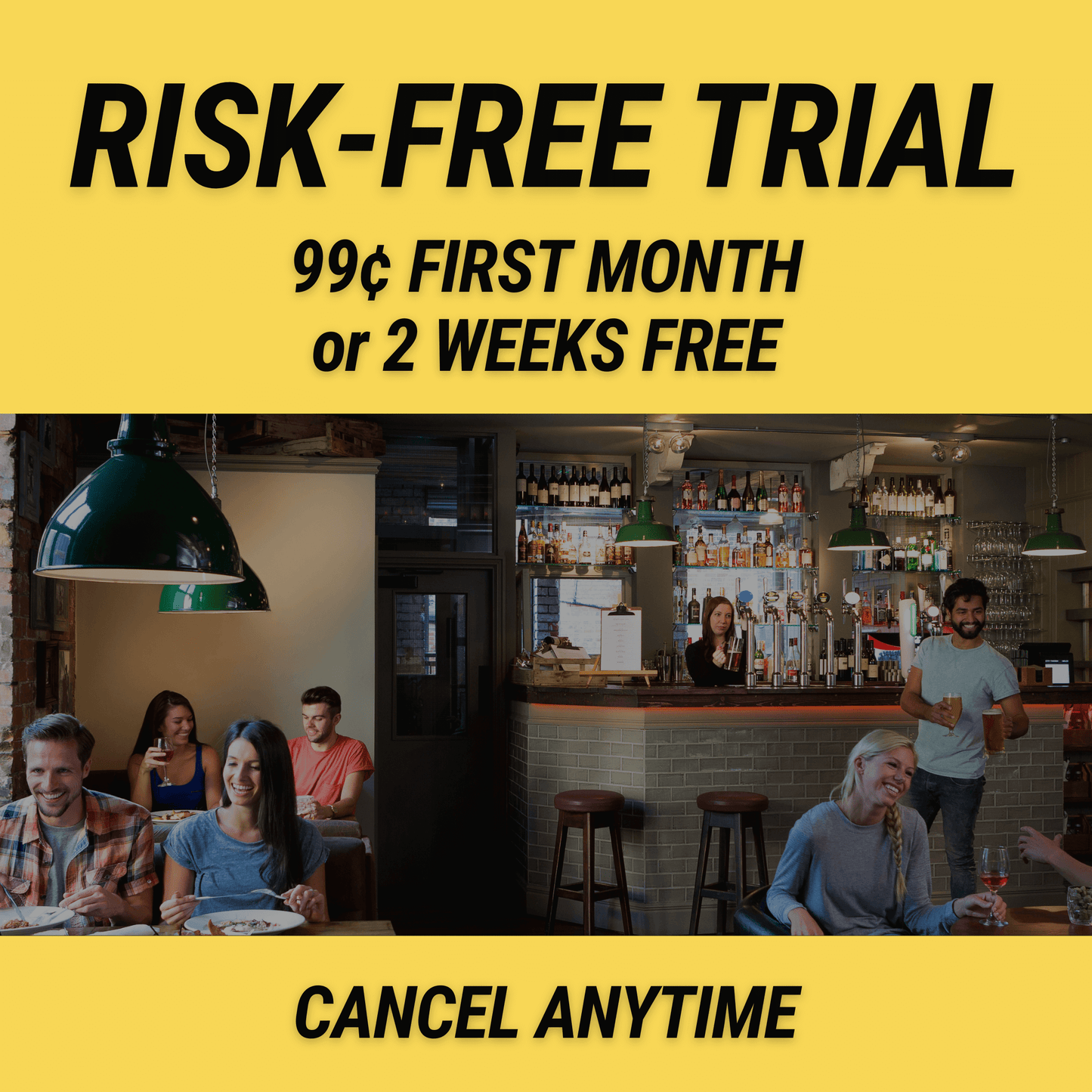 A lively restaurant scene with diners and a bar. Text: "Try Cheap Trivia's Weekly Trivia Subscription Email Service—.99¢ First Month or 2 Weeks Free. Cancel anytime.