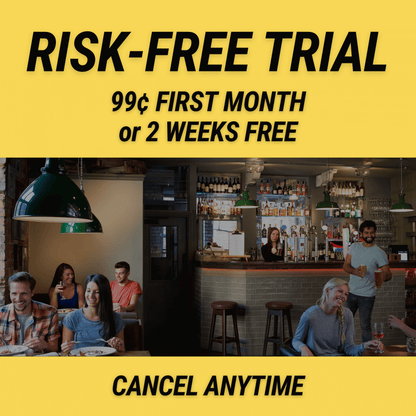 A lively restaurant scene with diners and a bar. Text: "Try Cheap Trivia's Weekly Trivia Subscription Email Service—.99¢ First Month or 2 Weeks Free. Cancel anytime.