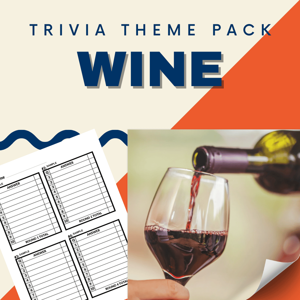 The Wine Trivia Night Theme Pack by Cheap Trivia is perfect for wine lovers, featuring a hand holding a glass while red wine is poured. It’s an ideal addition to spice up your next trivia night with engaging questions and fun!.