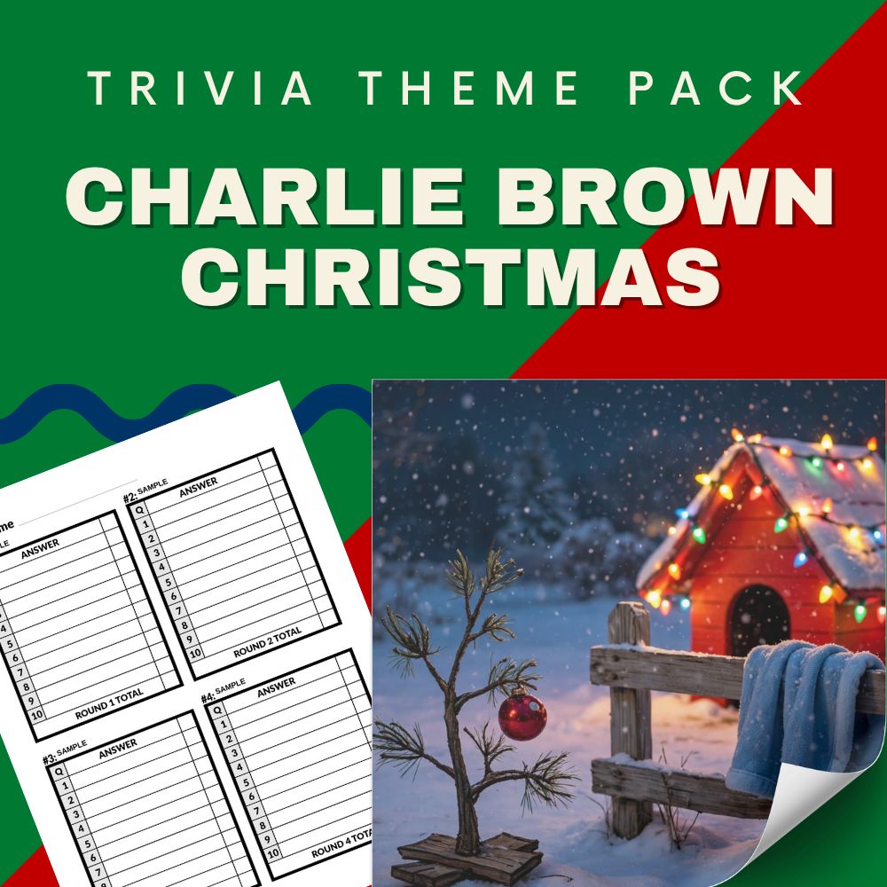 A Charlie Brown Christmas trivia night theme pack cover - Peanuts 1965 holiday TV special quiz questions