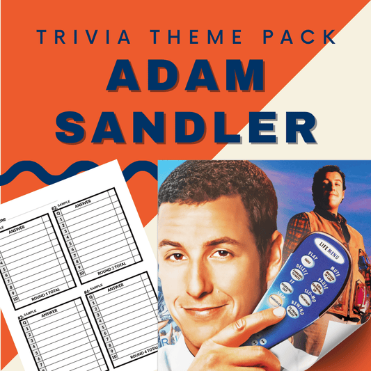 The Adam Sandler Trivia Night Theme Pack from Cheap Trivia features Sandler holding a remote and a sample trivia answer sheet, perfect for adding hilarious fun to any comedy trivia event.