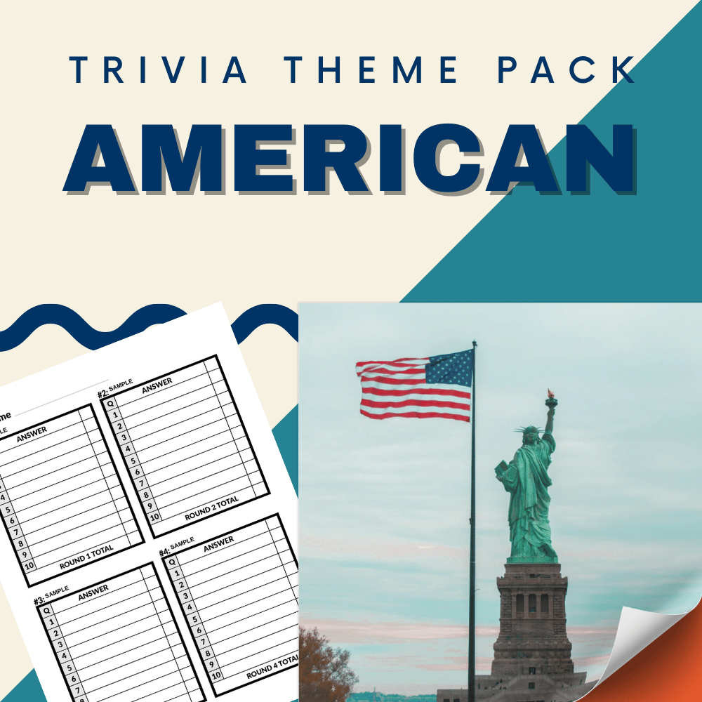 The Cheap Trivia's American Trivia Night Theme Pack cover features a blank answer sheet, the Statue of Liberty, and an American flag—ideal for events centered on U.S. history.