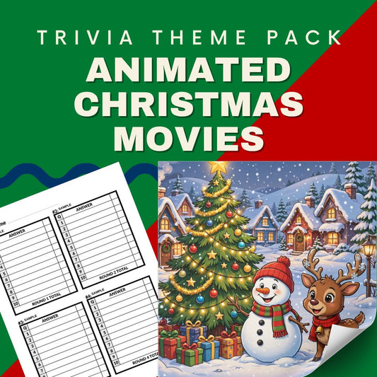 Animated Christmas movies trivia night theme pack cover - Rankin Bass Frosty Rudolph cartoon quiz