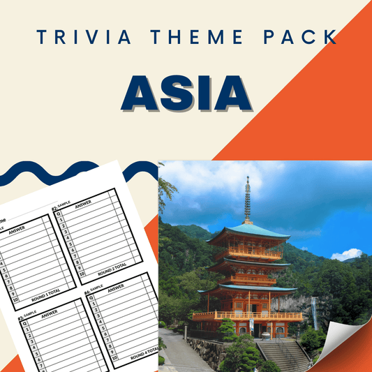 Cover of the Asia Trivia Night Theme Pack by Cheap Trivia showcases a traditional Asian pagoda with a stunning mountainous backdrop and trivia question sheets, ideal for Asia Culture Quizzes or enhancing your Asian Geography Trivia experience.