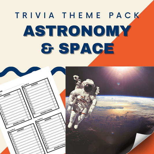 Enhance your trivia night with Cheap Trivia's "Astronomy Trivia Space Science Night Theme Pack," showcasing an astronaut in space and offering pages loaded with engaging astronomy trivia and answers.