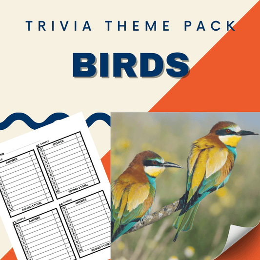 The Birds Trivia Night Theme Pack by Cheap Trivia showcases two vibrant birds on a branch, ideal for nature lovers, with a trivia question sheet in the background to ensure a fun and memorable evening.